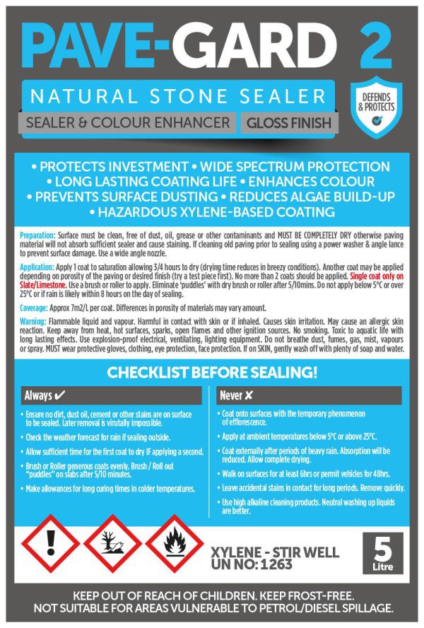 Pave-Gard 2 - Natural Stone Sealer 5Ltr - GLOSS / SATIN Finish - Image 3